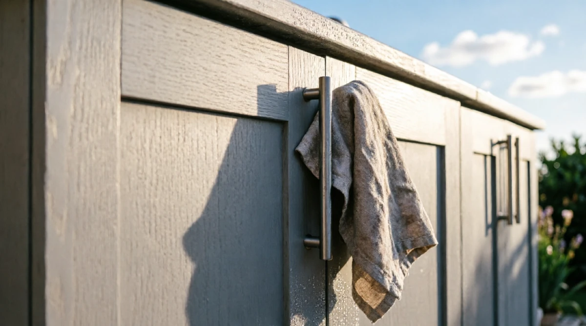 13 Summer Kitchen Storage Ideas That Reduce Clutter - Kitchen - Homedecortoday Outdoor summer kitchen cabinets made of weather-resistant material with stainless steel handles, showing slight morning dew.