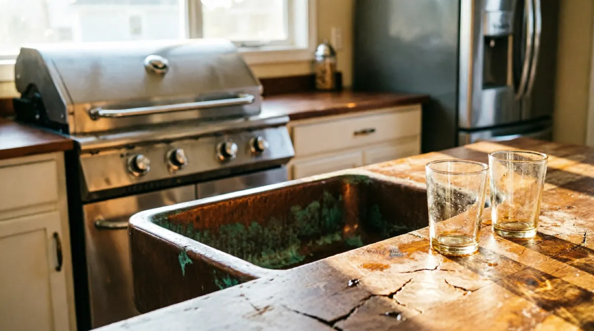 12 Summer Kitchen Remodeling Ideas That Improve Functionality - Kitchen - Homedecortoday Outdoor summer kitchen with a functional work triangle layout, grill, sink, and refrigerator visible.