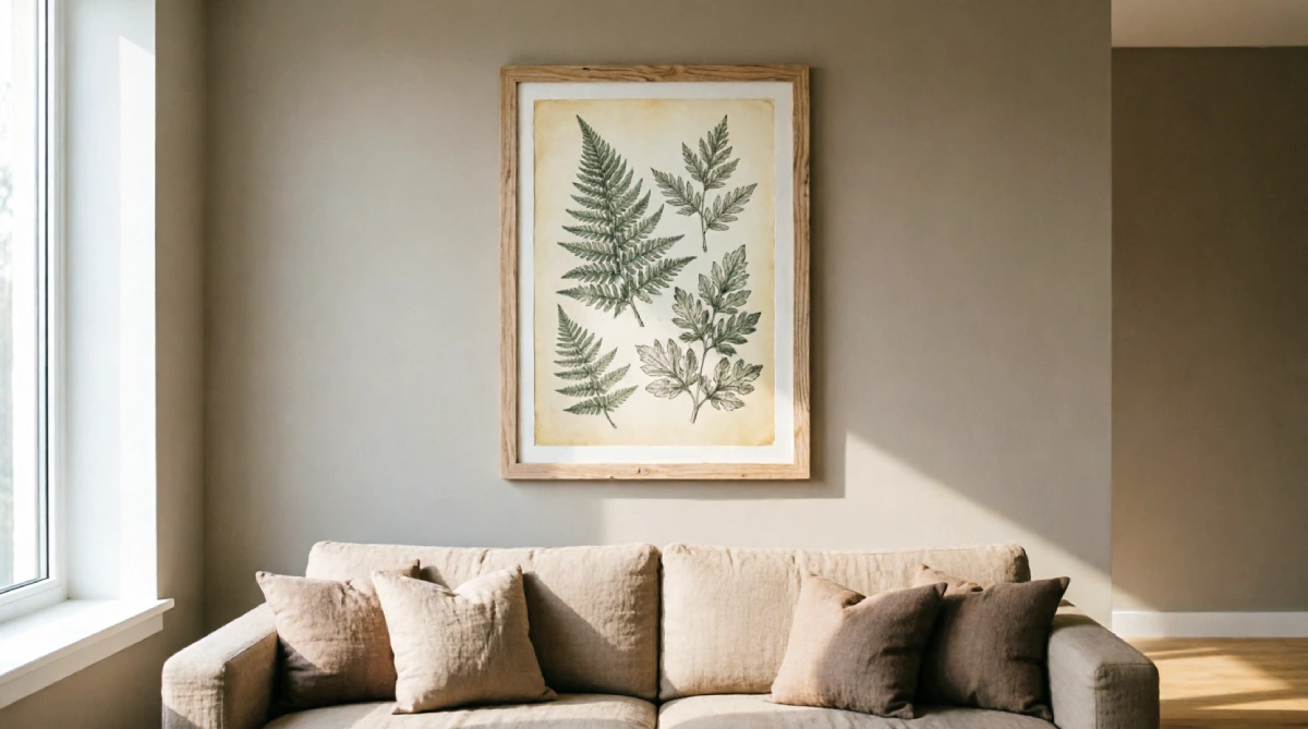 Light botanical art hung in a summer living room refresh