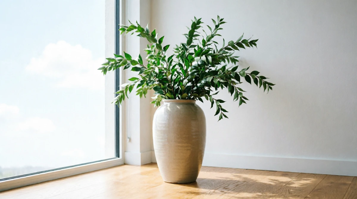 Fresh-cut branches in a floor vase as summer living room natural decor