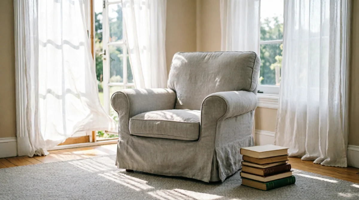 A chair positioned to catch cross-breezes in a summer living room layout