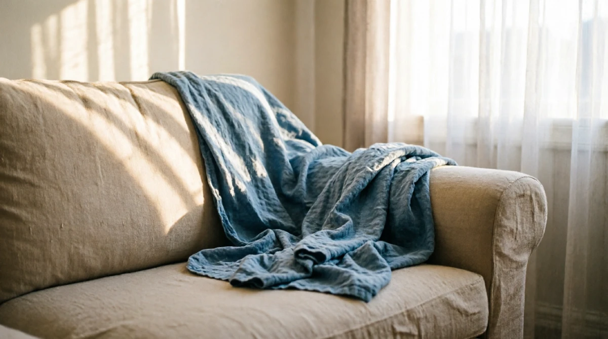 Lightweight cotton throw draped on a sofa for summer living room styling