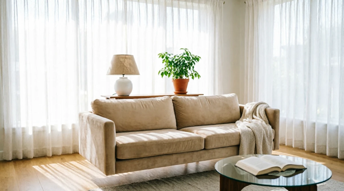 A summer living room with a sofa floated away from the wall to improve flow and create a walkway behind it