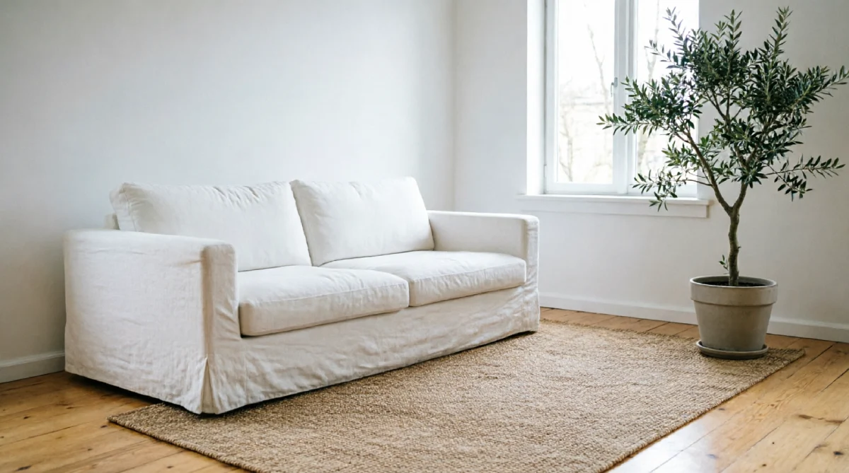 Jute rug on bare hardwood floors as a summer living room styling choice