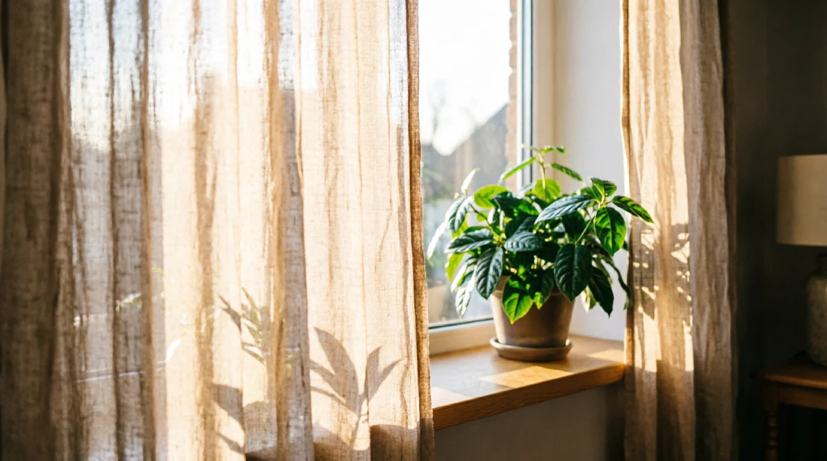 Light linen curtains diffusing sunlight in a summer living room styling idea