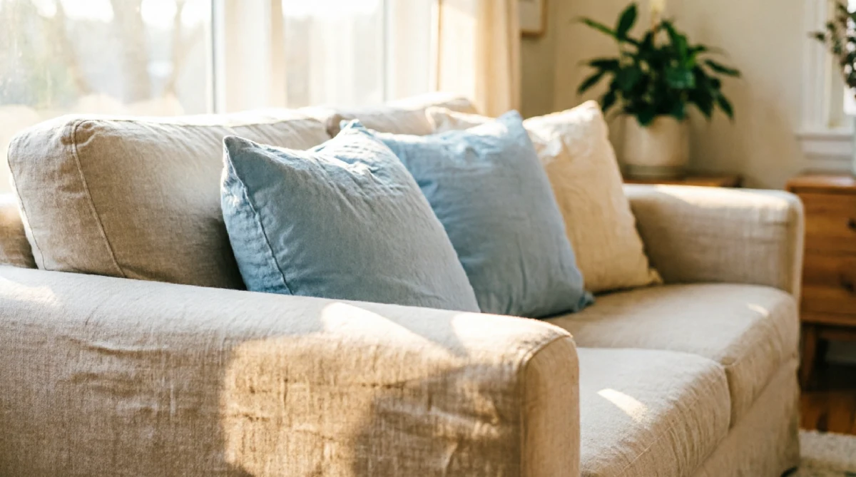 Light linen pillow covers on a summer sofa for an airy living room refresh