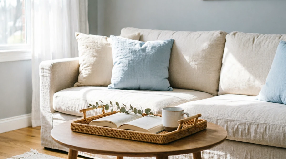 Linen throw pillows keeping a summer living room seating area cool
