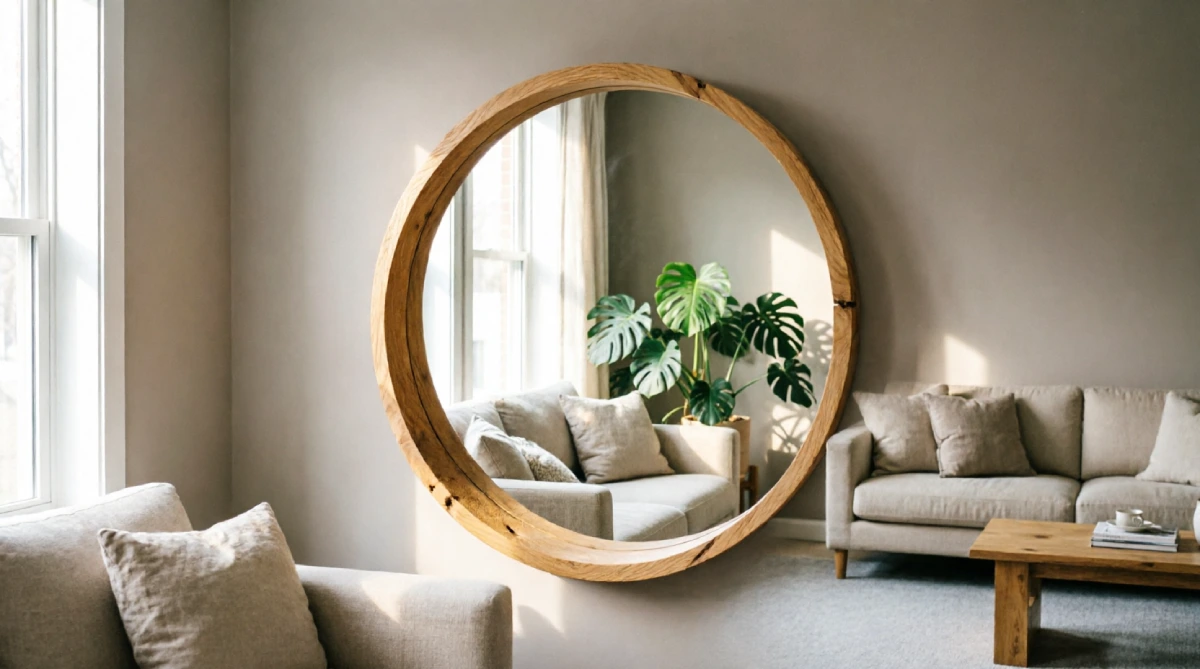 Round mirror reflecting light as part of summer living room styling