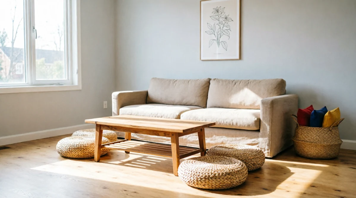 Movable poufs and floor cushions in a summer living room for flexible flow and entertaining