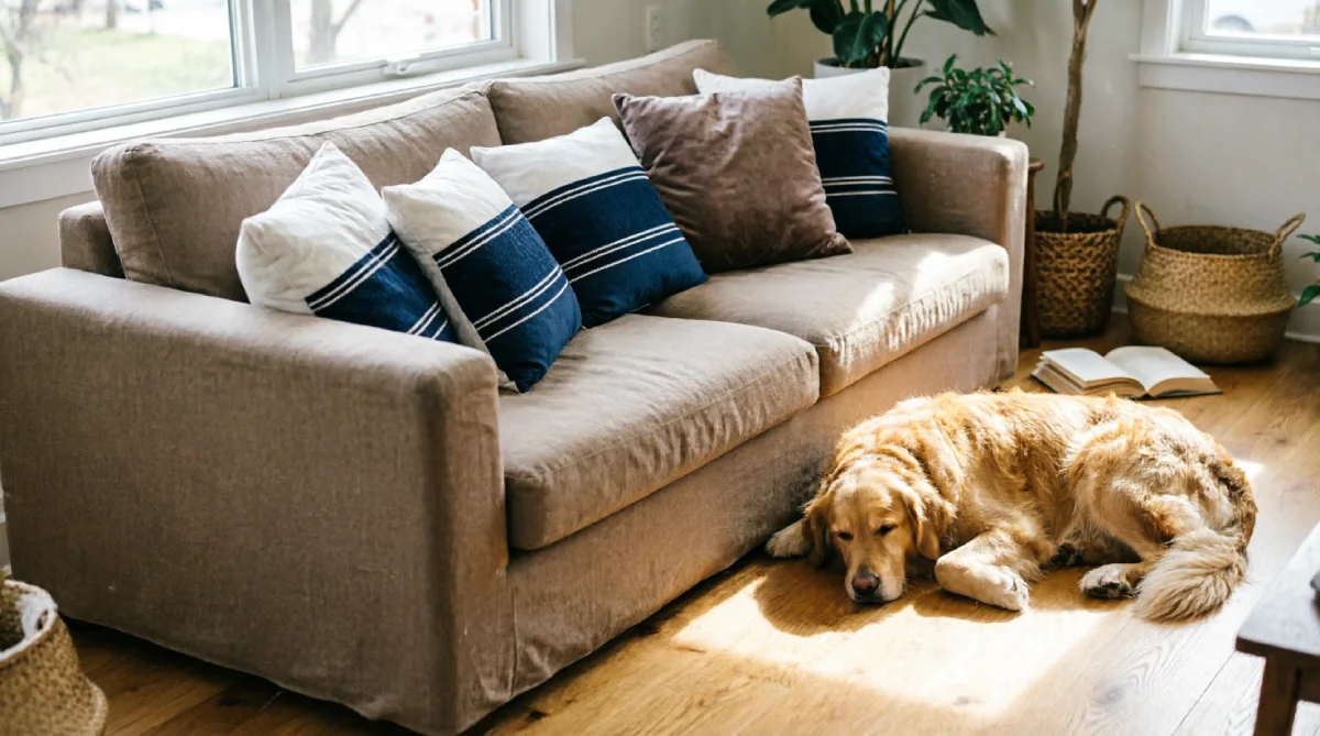 Outdoor cushions used indoors for easy summer living room styling