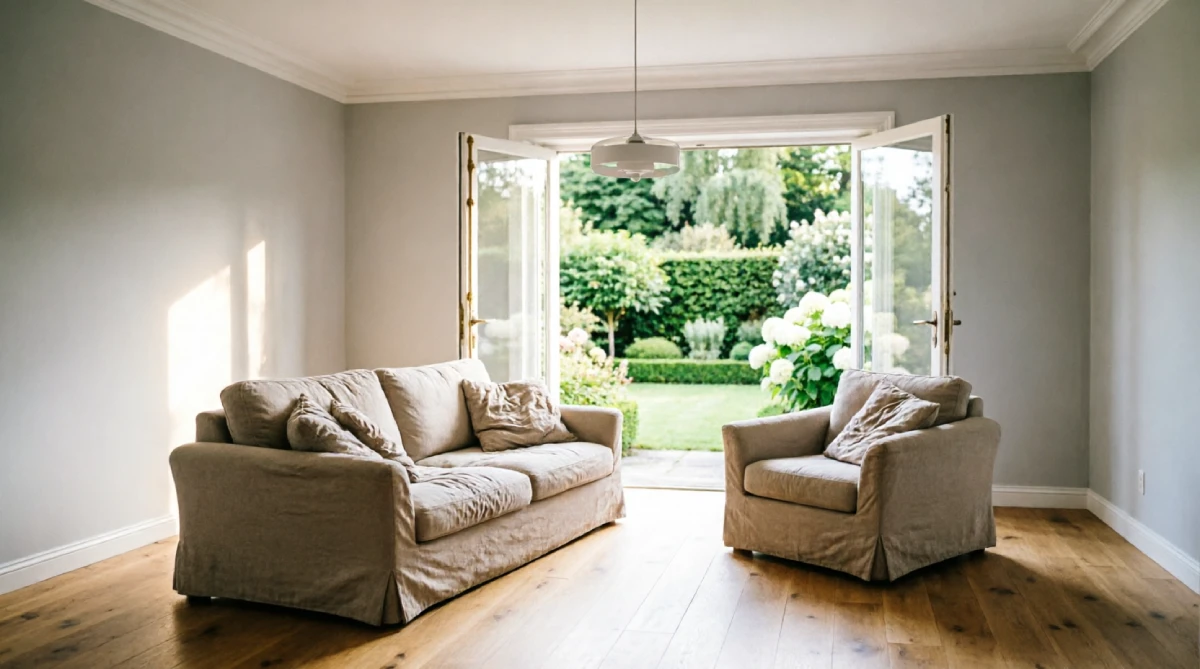 A summer living room arranged to face outdoor views, improving flow to the patio.