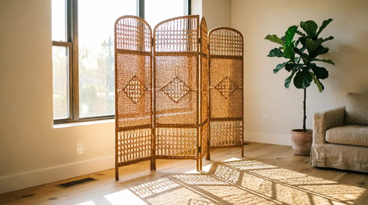 Rattan folding screen providing portable shade in a summer living room