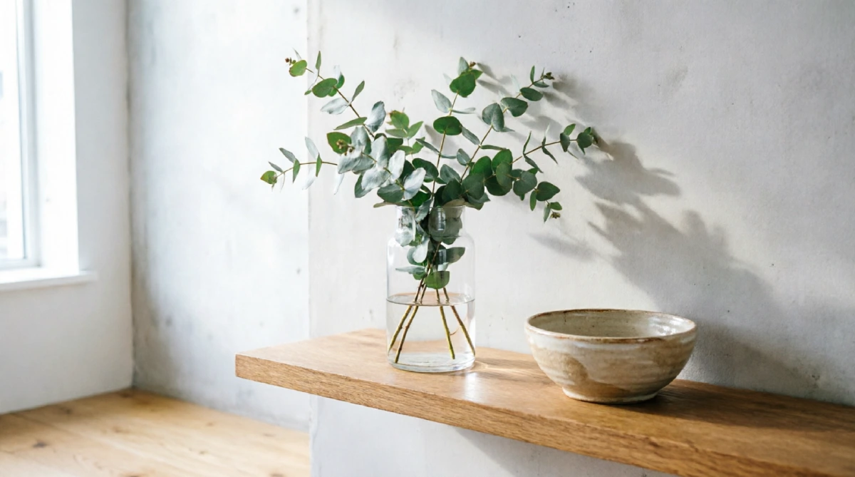 Fresh eucalyptus in a vase as a summer living room styling detail