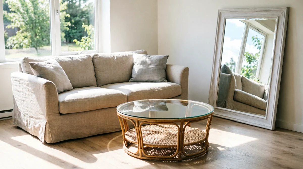 Mirrors and rattan accents help a summer living room feel cool and open