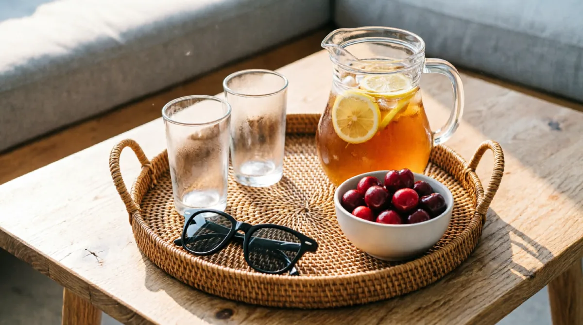 Summer-themed tray on coffee table as a seasonal living room styling idea