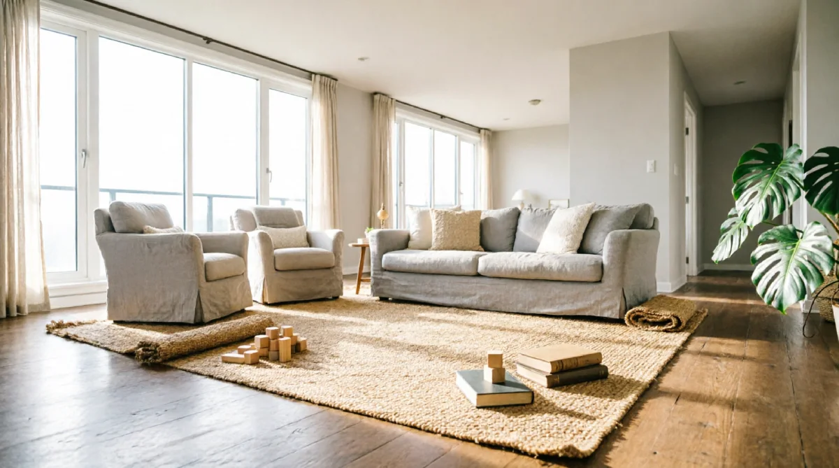 A jute rug defining a seating area in a summer living room, improving flow around it