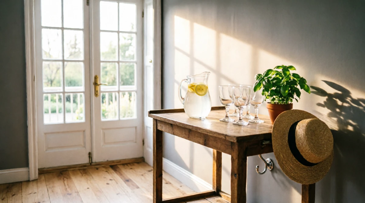 A serving cart in a summer living room positioned to improve flow between kitchen and patio.