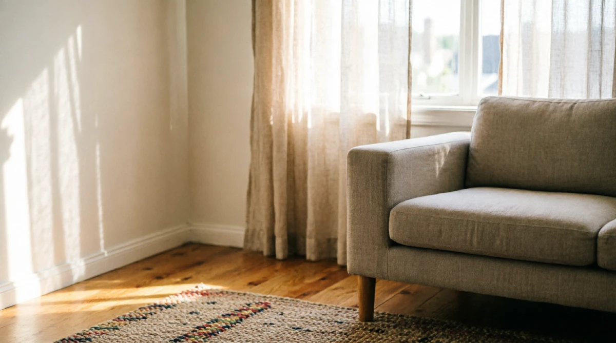 Sheer linen curtains in a small summer living room maximizing natural light and floor space.