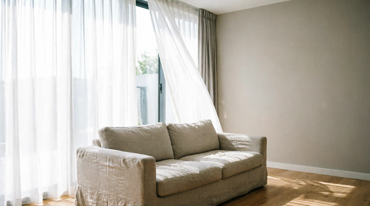 Sheer ceiling-mounted curtains in a summer living room that free up floor space and improve flow.