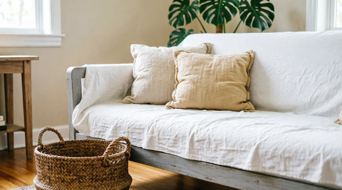 White cotton slipcover on a sofa in a cool open summer living room