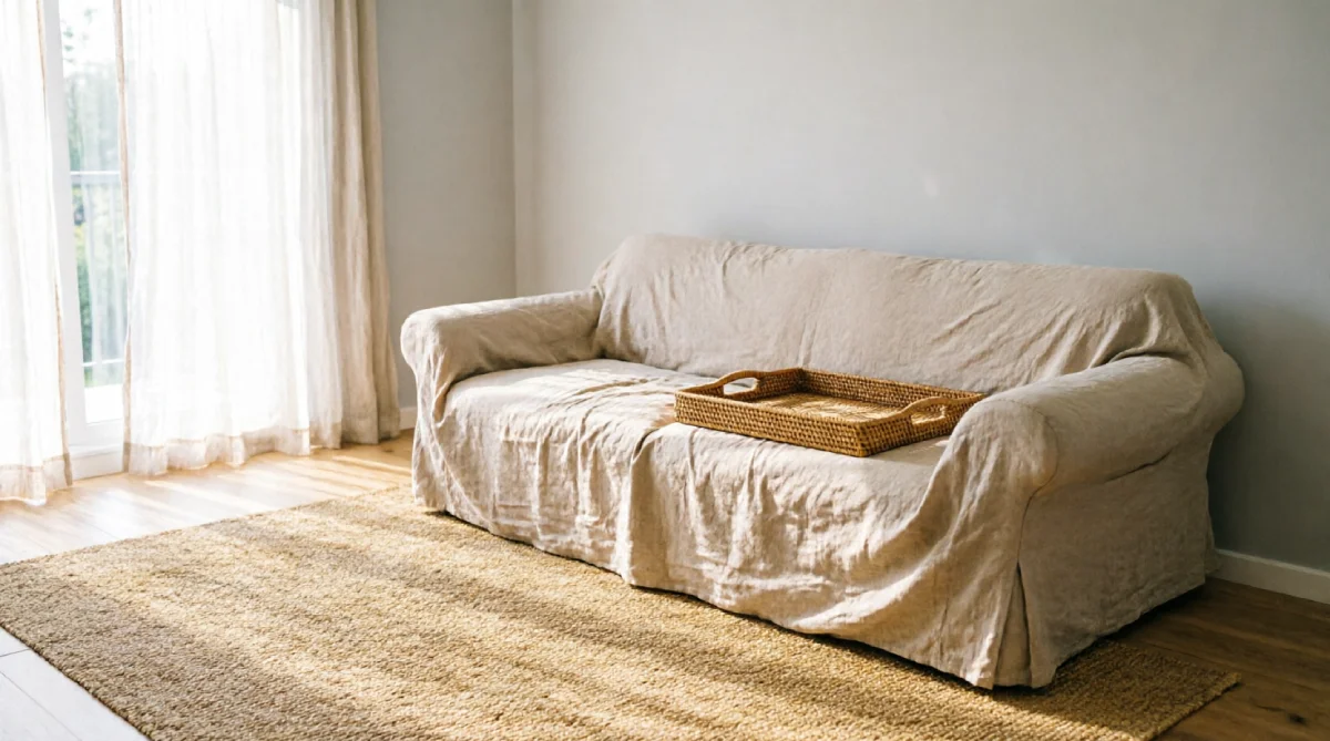 Light linen slipcovers on a sofa in a summer living room, helping the space feel more open