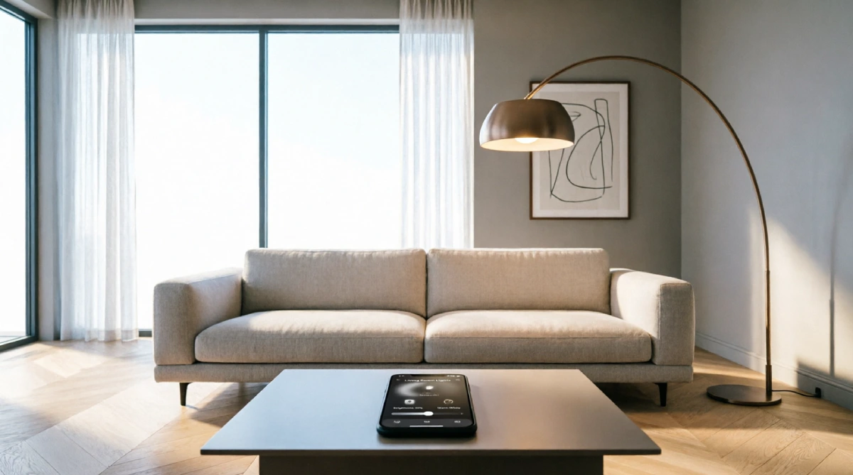 Smart bulb controlled by phone adjusting color temperature in a summer living room