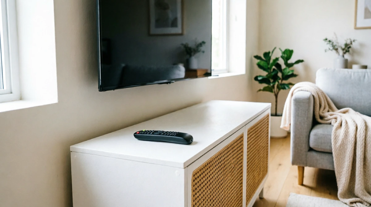 Closed media cabinet hiding electronics and cable clutter in a summer living room