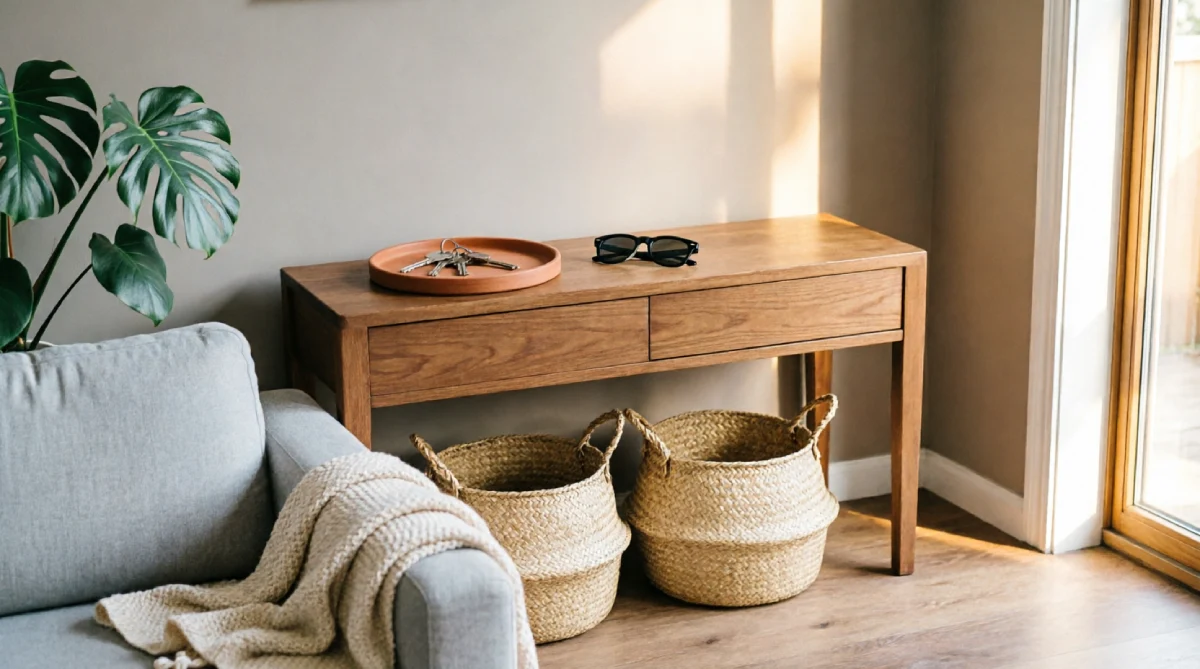Narrow console table behind a sofa providing hidden summer storage