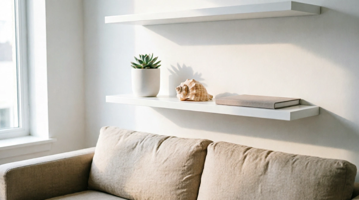 Floating shelves above a sofa displaying summer decor in a clutter-free living room.