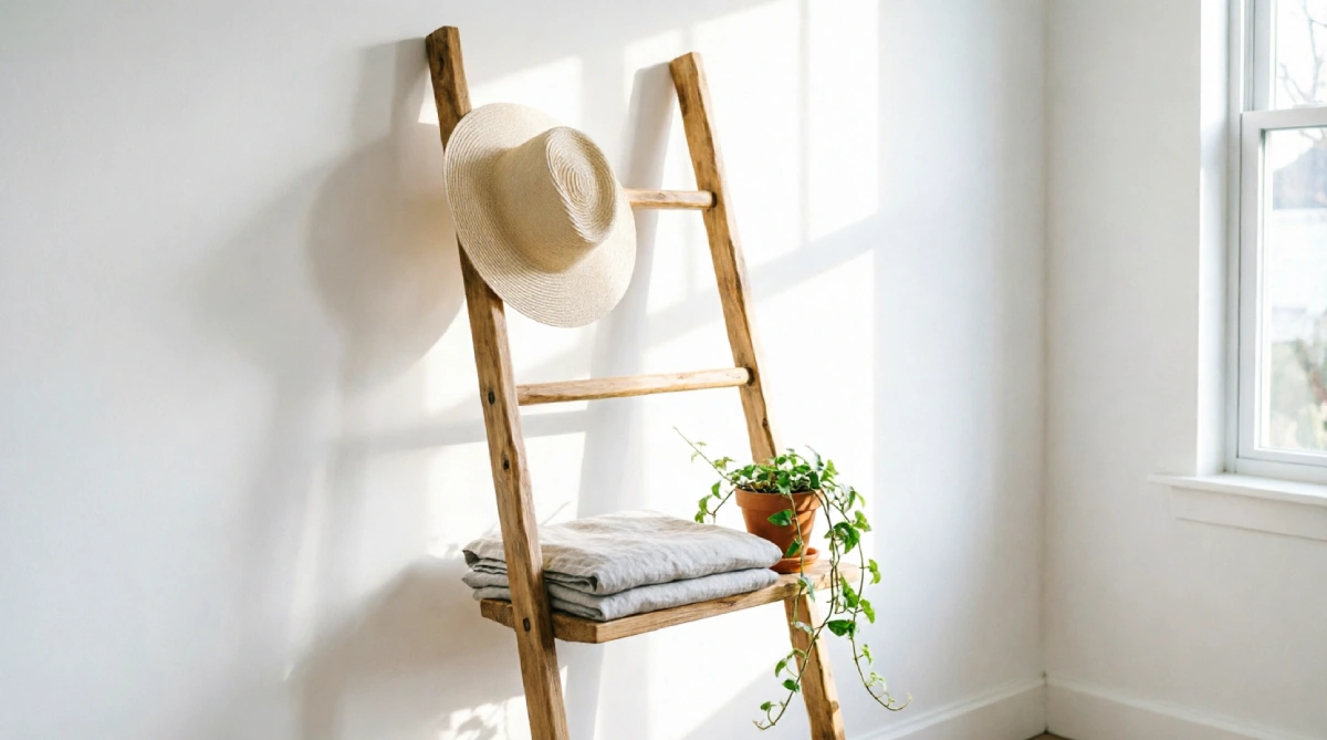 Ladder shelf with summer hats, throw, and plant in a bright living room
