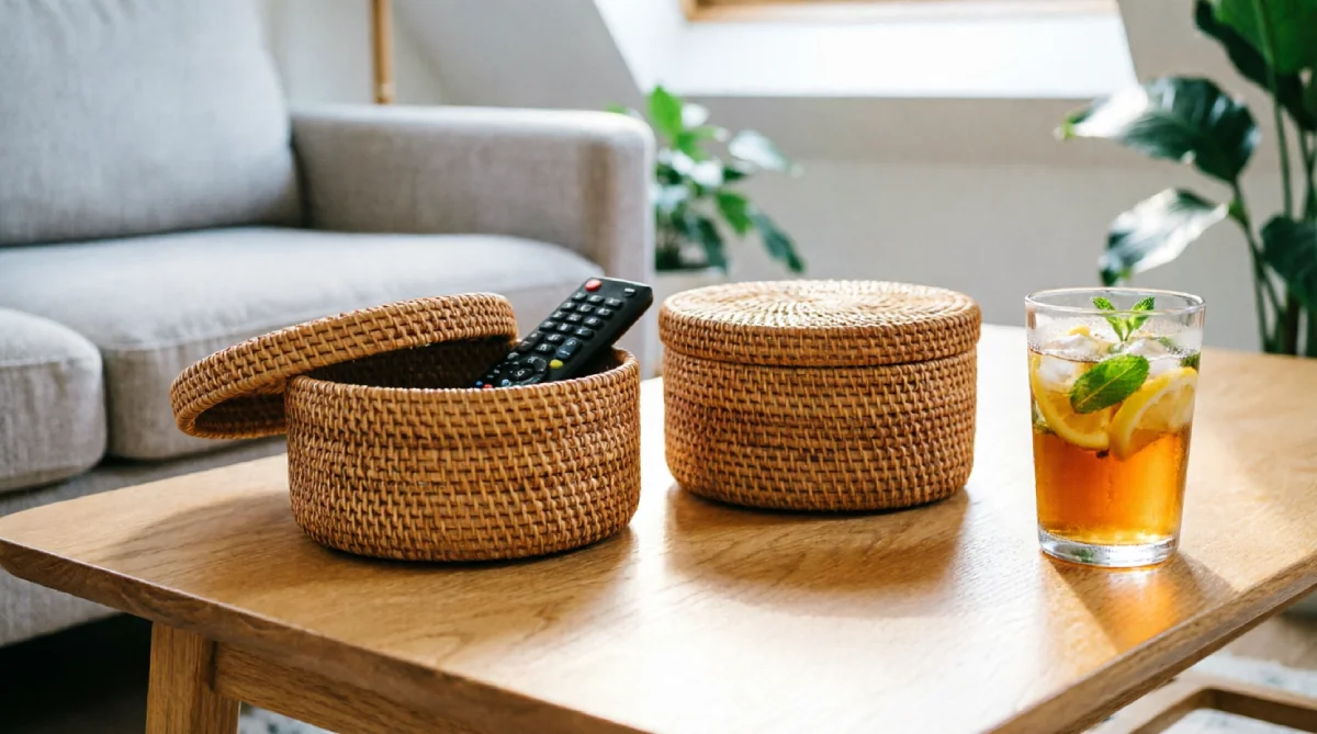 Lidded rattan boxes on a coffee table hiding remotes and small summer clutter