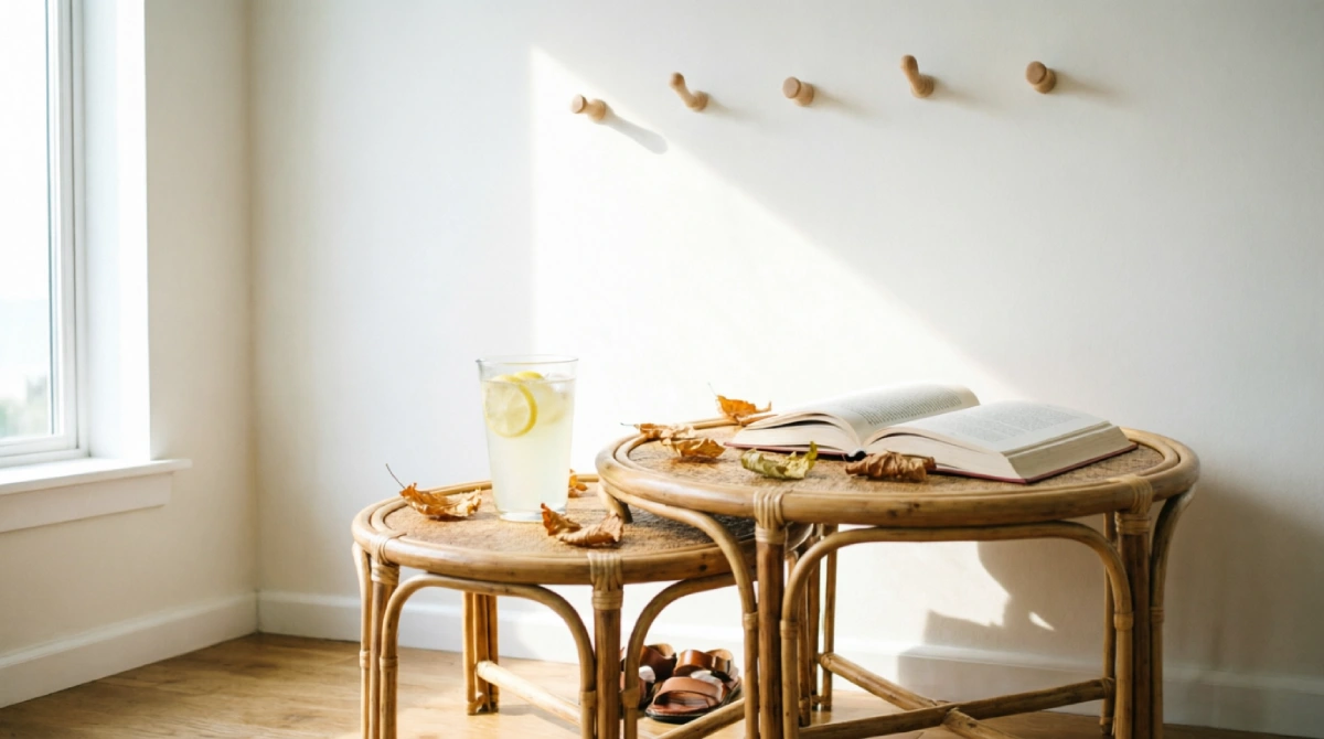 Nesting tables providing flexible surface and storage in a summer living room