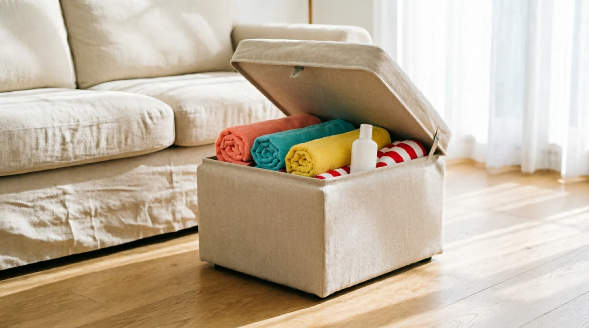 Open storage ottoman containing beach towels and sunscreen in a living room.