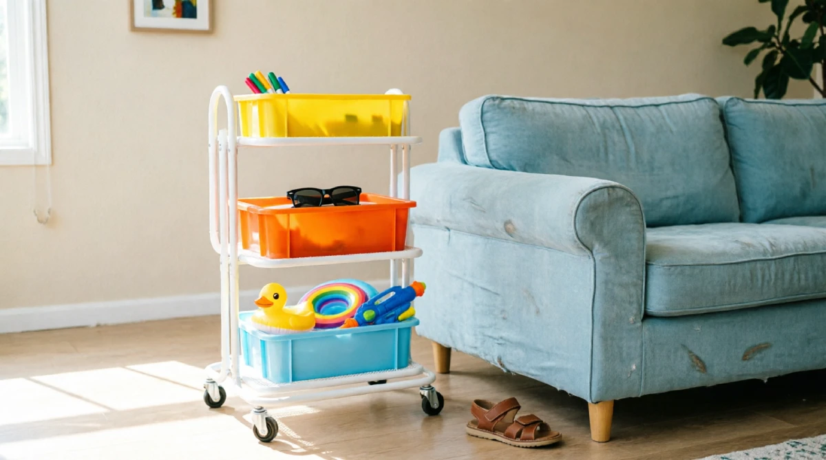 Rolling cart organizing kids’ summer toys and supplies next to a sofa