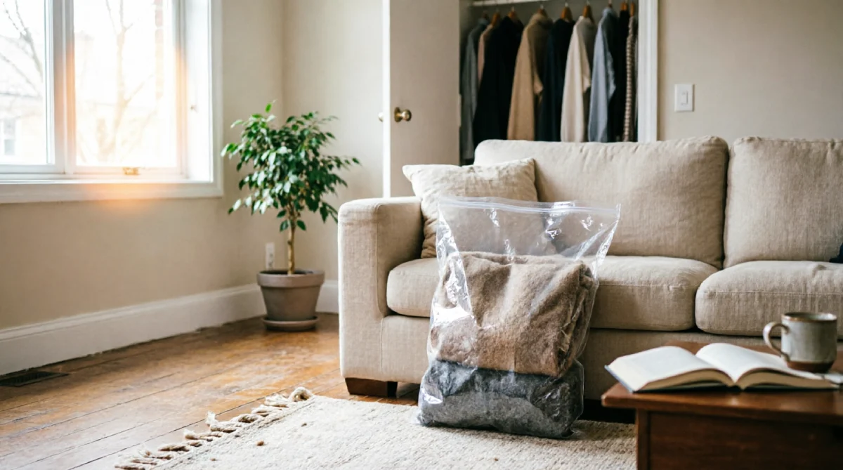 Vacuum bag storing winter throws while linen cushions dress the sofa for summer.