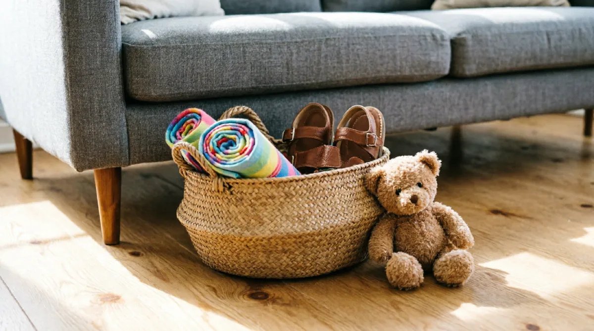 Low storage bin under a sofa holding summer sandals and blankets
