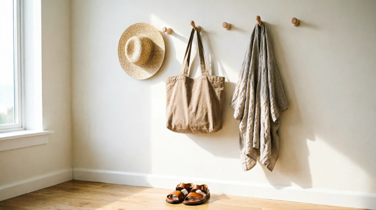 Wall hooks holding summer hat, bag, and cover-up in a bright living room