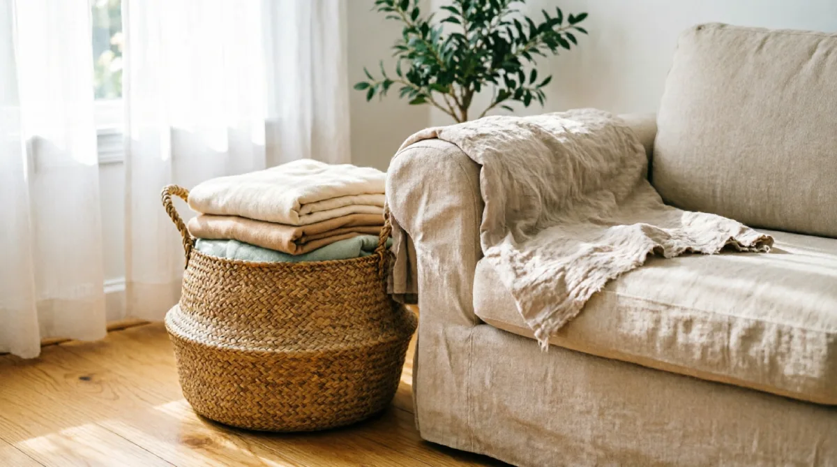 Woven basket beside a sofa holding lightweight summer throws