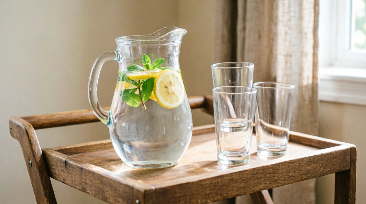 Bar cart styled as a summer hydration station in a living room