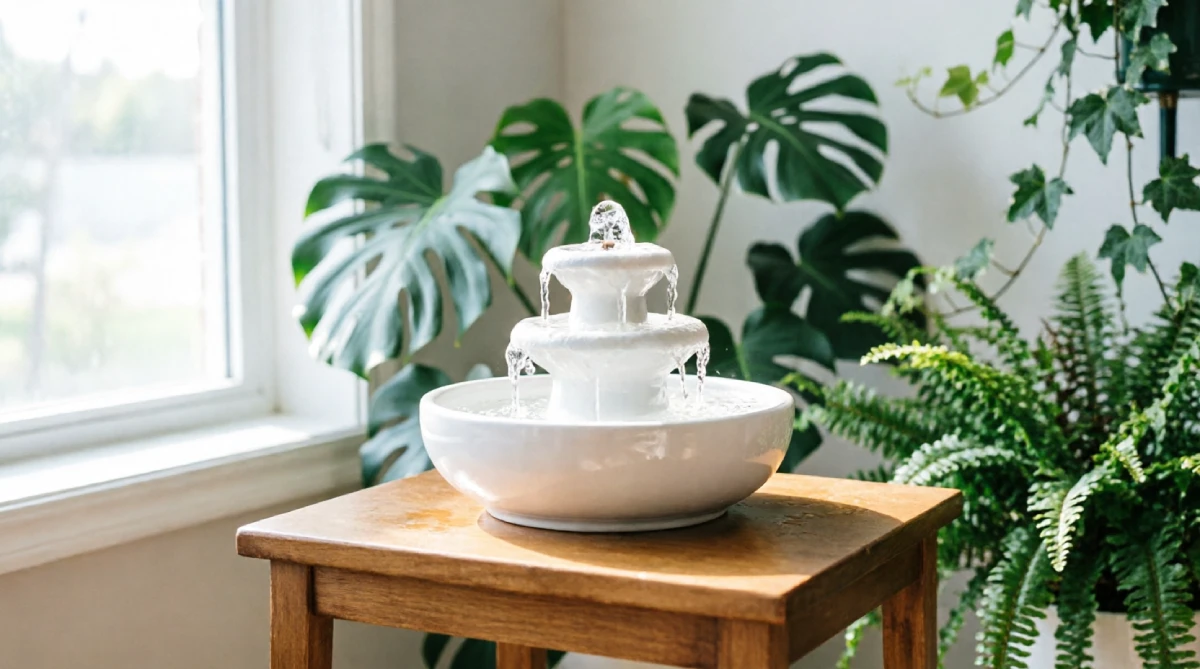 Small indoor water fountain helping a summer living room feel cooler
