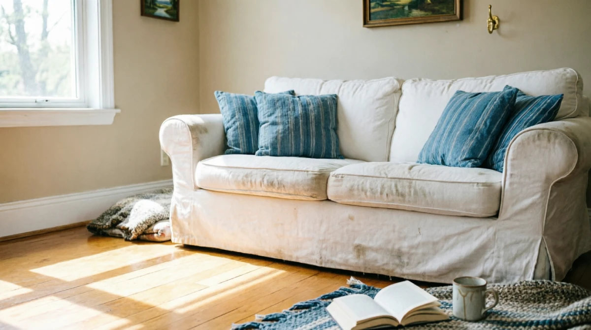 White cotton slipcovered sofa in a bright summer living room styling