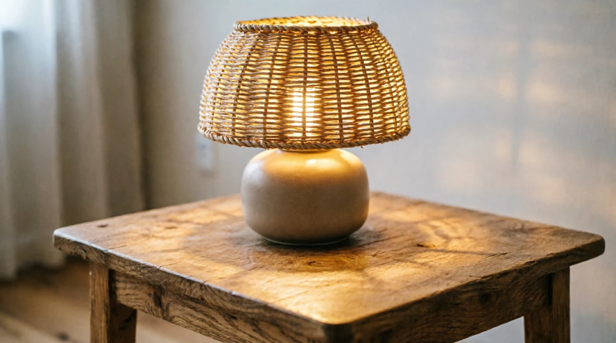 Woven rattan lampshade adding warm texture to summer living room lighting
