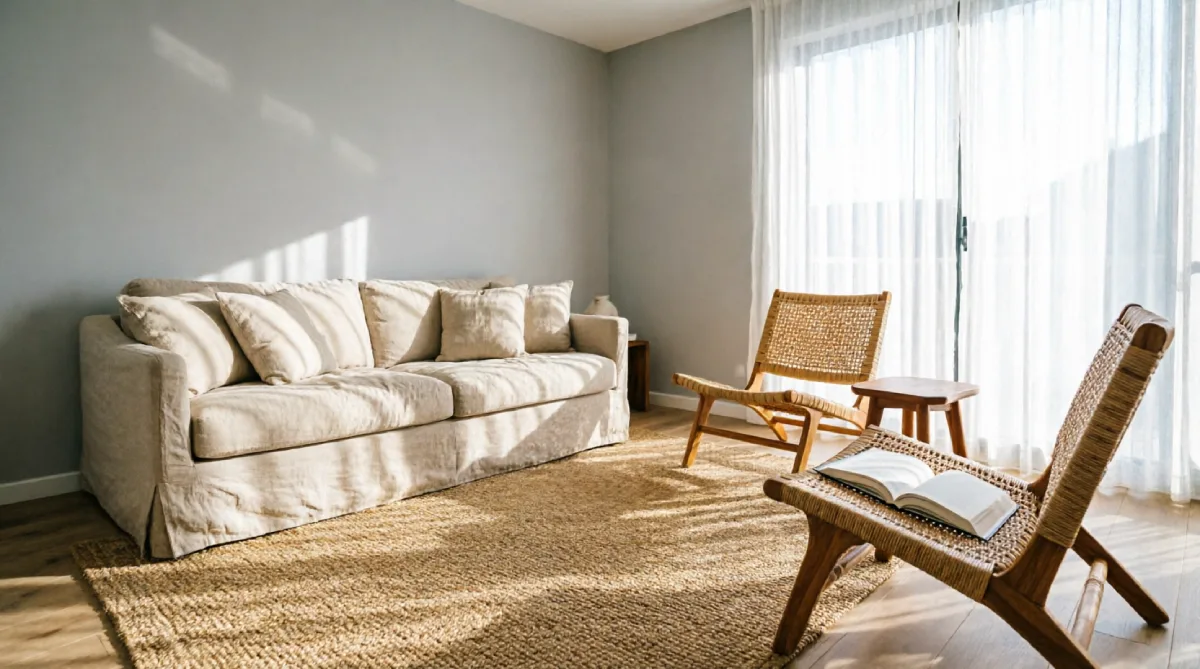 A summer living room split into two conversation zones to improve flow and create distinct gathering areas.