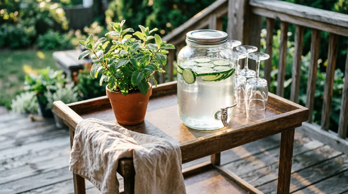 13 Summer Outdoor Decor Ideas That Feel Fresh and Inviting - Outdoor Living - Homedecortoday Outdoor bar cart with infused water and fresh mint on a shaded porch