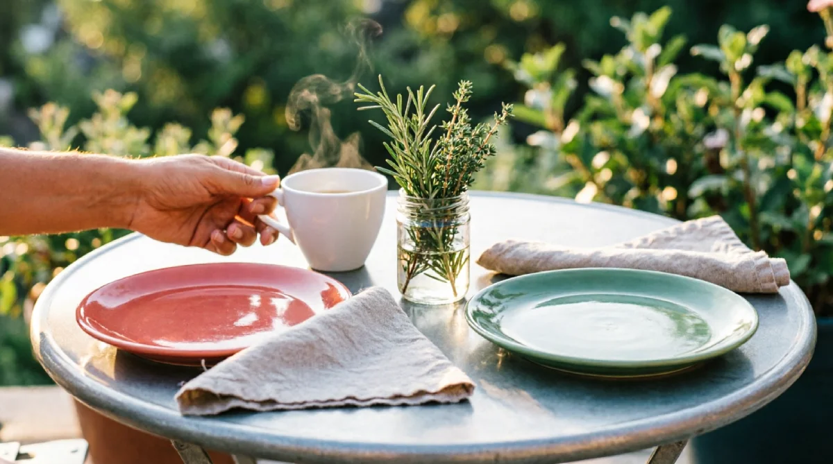 13 Summer Outdoor Decor Ideas That Feel Fresh and Inviting - Outdoor Living - Homedecortoday Outdoor table setting with colorful plates and fresh herbs on a sunny morning
