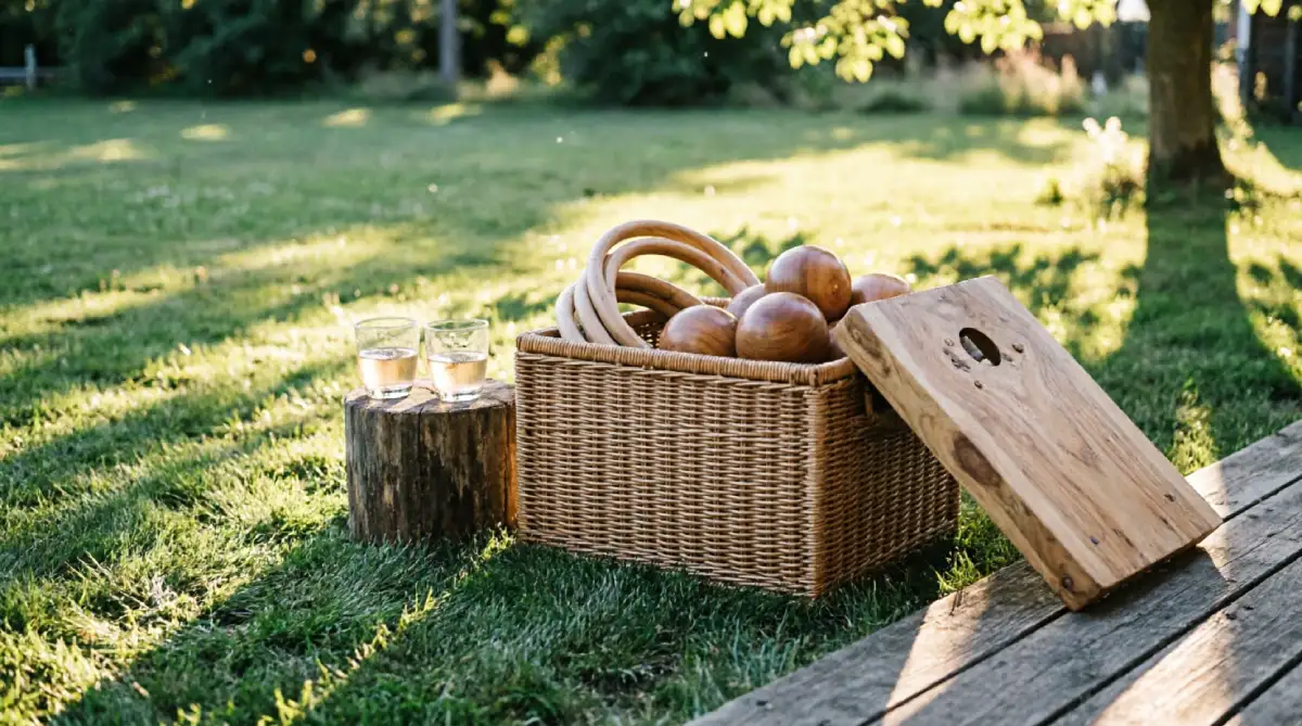 13 Summer Outdoor Decor Ideas That Feel Fresh and Inviting - Outdoor Living - Homedecortoday A tidy outdoor games corner with wicker storage and wooden cornhole board