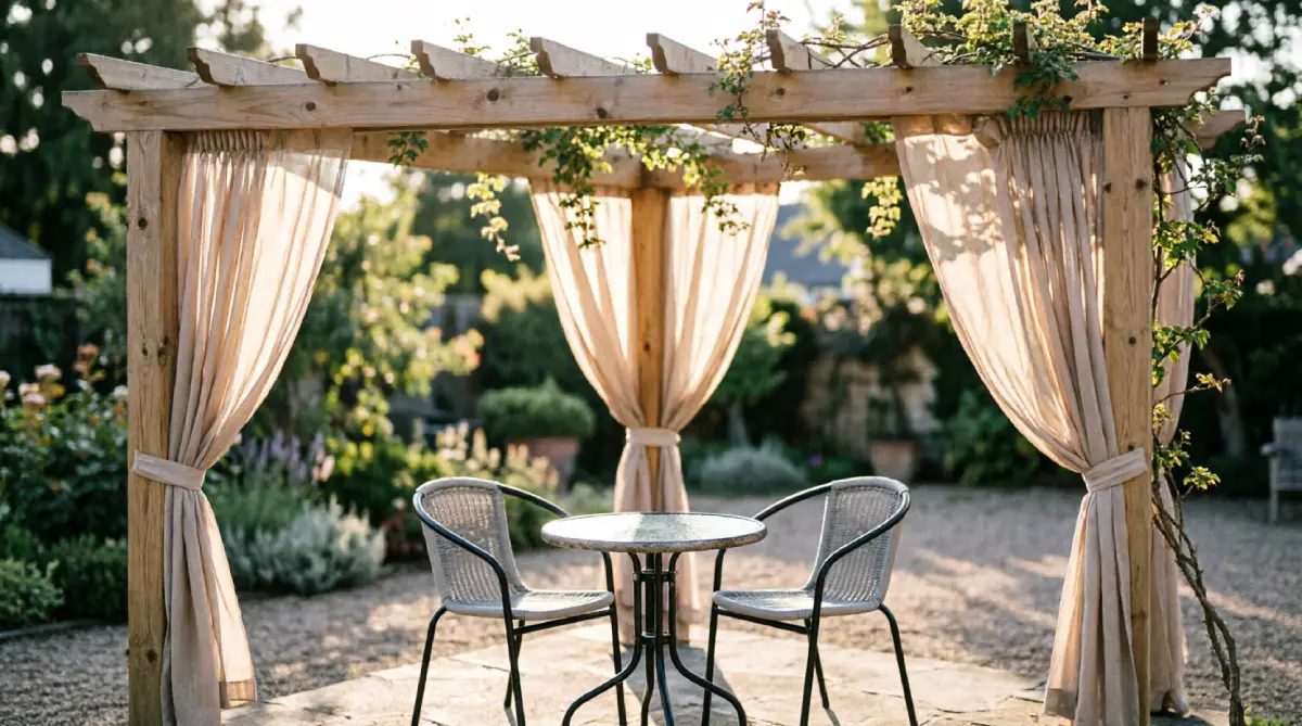 13 Summer Outdoor Decor Ideas That Feel Fresh and Inviting - Outdoor Living - Homedecortoday Sheer outdoor curtains framing a pergola seating area on a bright summer day