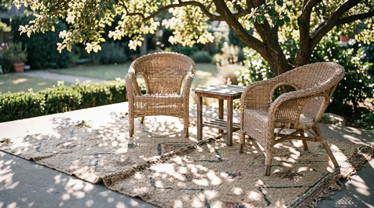 13 Summer Outdoor Decor Ideas That Feel Fresh and Inviting - Outdoor Living - Homedecortoday An outdoor rug defining a seating area on a shady patio with natural light.