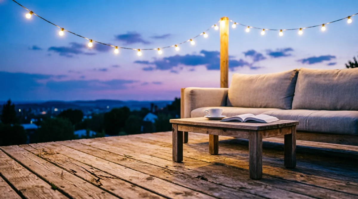 13 Summer Outdoor Decor Ideas That Feel Fresh and Inviting - Outdoor Living - Homedecortoday String lights casting a warm glow over a cozy evening deck setup