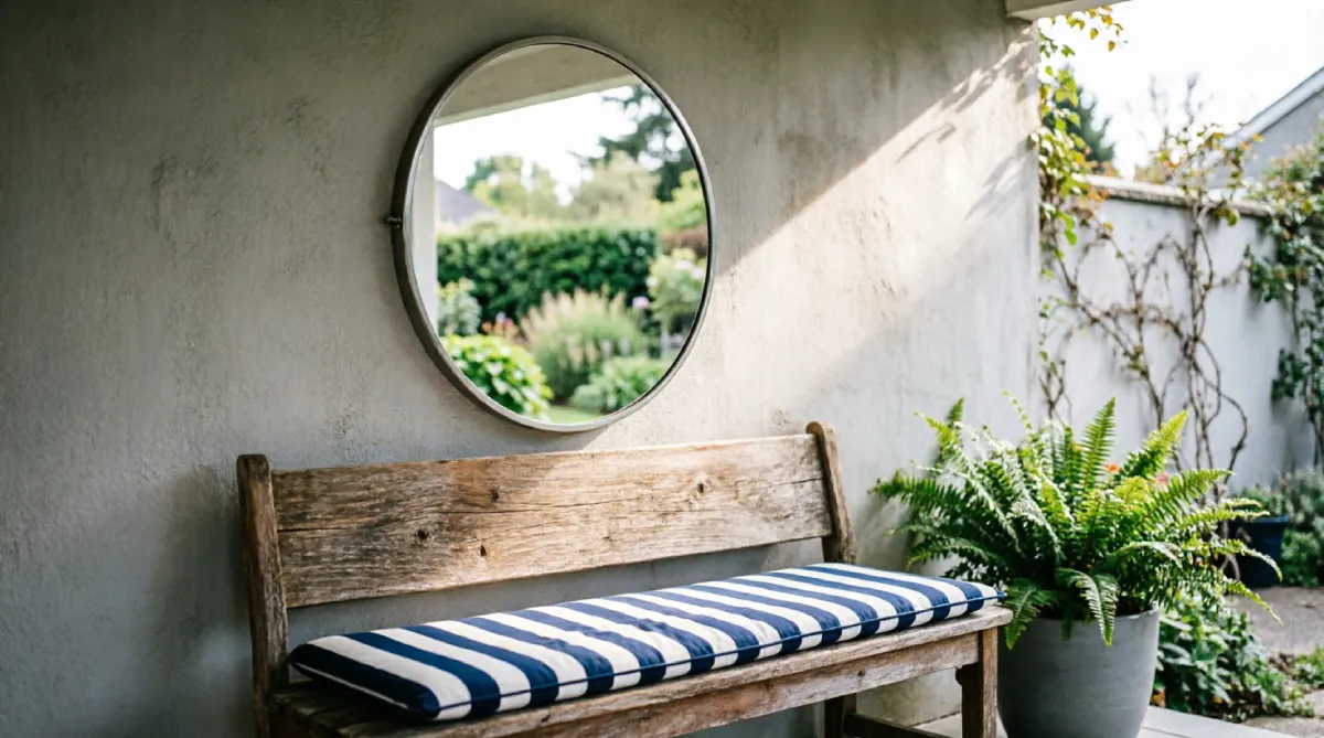 13 Summer Outdoor Decor Ideas That Feel Fresh and Inviting - Outdoor Living - Homedecortoday Outdoor mirror reflecting garden greenery on a cozy porch wall